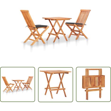 The Living Store Ensemble de bistro 3 pcs avec coussins anthracite Bois de teck - Ensemble De Bistro - Salon De Jardin - Mobilier De Jardin - Table Bistro - Chaise Pliante