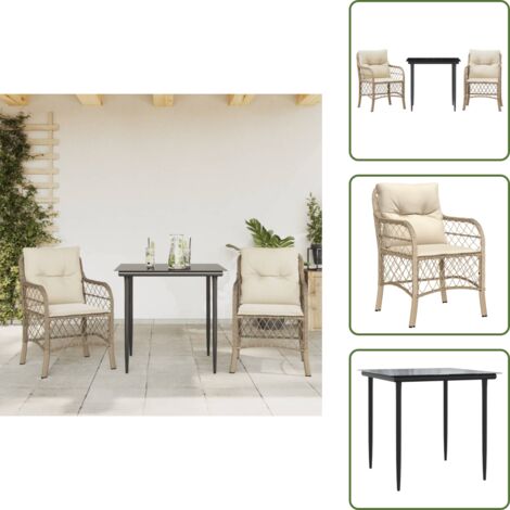 The Living Store Ensemble de bistro 3 pcs avec coussins beige résine tressée - Chaise extérieure