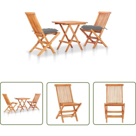 The Living Store Ensemble de bistro 3 pcs avec coussins gris Bois de teck massif - Ensemble De Bistro - Salon De Jardin - Mobilier De Jardin - Table Bistro - Chaise Bistro