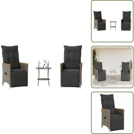 The Living Store Ensemble de bistro 3 pcs avec coussins gris résine tressée - Salon De Jardin - Mobilier De Jardin - Set De Salon De Jardin - Chaises Pliantes - Table Basse