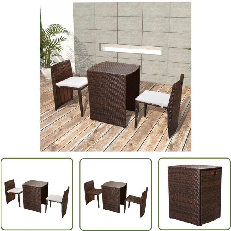 The Living Store - Ensemble de bistro 3 pcs avec coussins Résine tressée Marron - Meubles De Jardin - Salon De Jardin - Set De Jardin - Mobilier