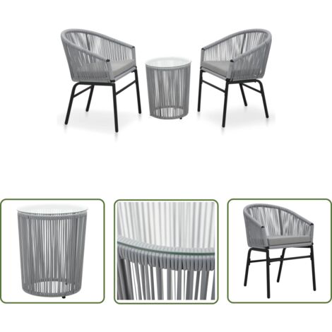 The Living Store Ensemble de bistro 3 pcs avec coussins Rotin PE Gris - Salon De Jardin - Mobilier De Jardin - Set De Bistrot - Table Basse - Chaise Pliante