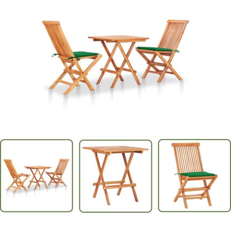 The Living Store Ensemble de bistro 3 pcs avec coussins vert Bois de teck massif - Ensemble De Bistro - Salon De Jardin - Mobilier De Jardin - Table Bistro - Chaise Bistro