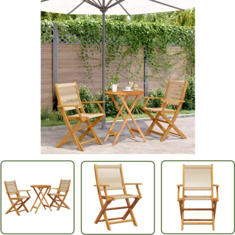 The Living Store Ensemble de bistro 3 pcs beige polypropylène et bois massif - Meubles De Jardin - Salon De Jardin - Set De Bistro - Mobilier Extérieur - Acacia Massif