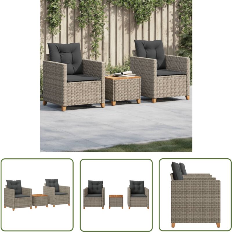 The Living Store Ensemble de bistro 3 pcs et coussins gris résine tressée acacia - Meubles De Jardin - Salon De Jardin - Set De Bistro - Résine