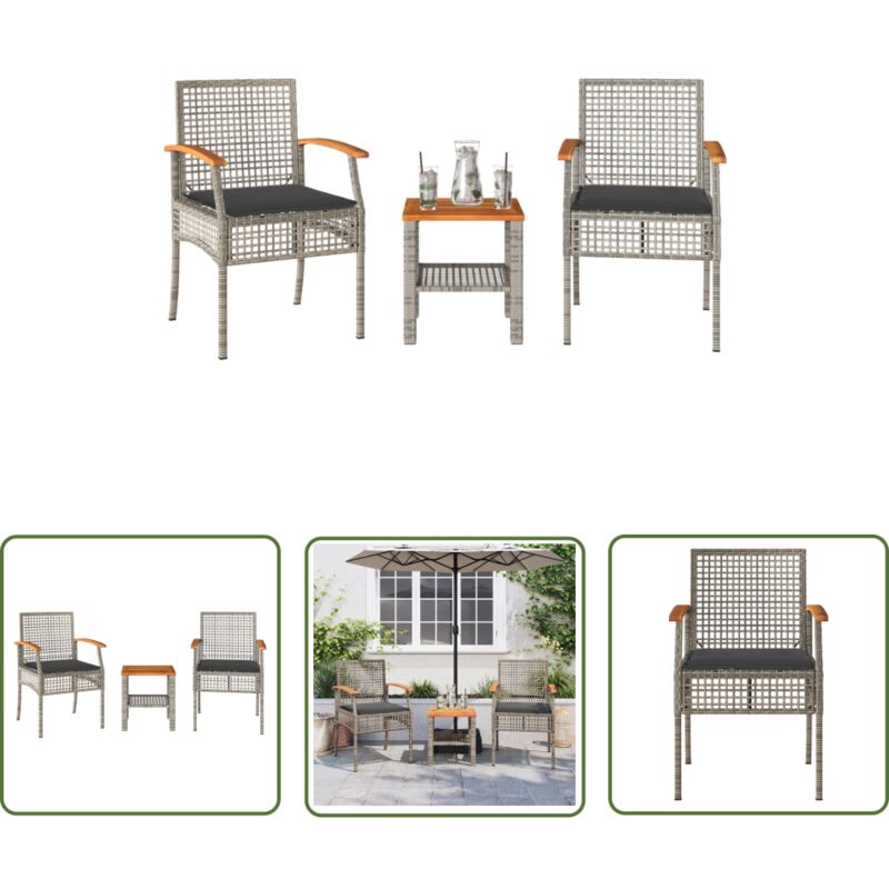 The Living Store - Ensemble de bistro 3 pcs et coussins gris résine tressée acacia - Meubles De Jardin - Salon De Jardin - Set De Bistro - Résine
