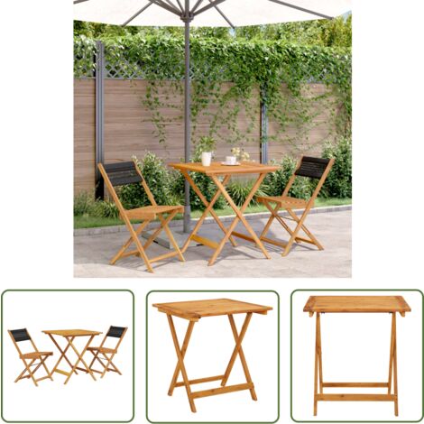 The Living Store Ensemble de bistro 3 pcs noir polypropylène et bois massif - Ensemble De Bistro - Salon De Jardin - Mobilier De Jardin - Table Pliante - Chaise Pliante
