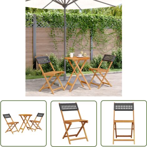 The Living Store Ensemble de bistro 3 pcs noir résine tressée et bois massif - Meubles De Jardin - Salon De Jardin - Ensemble De Bistro - Mobilier Extérieur - Table Pliante