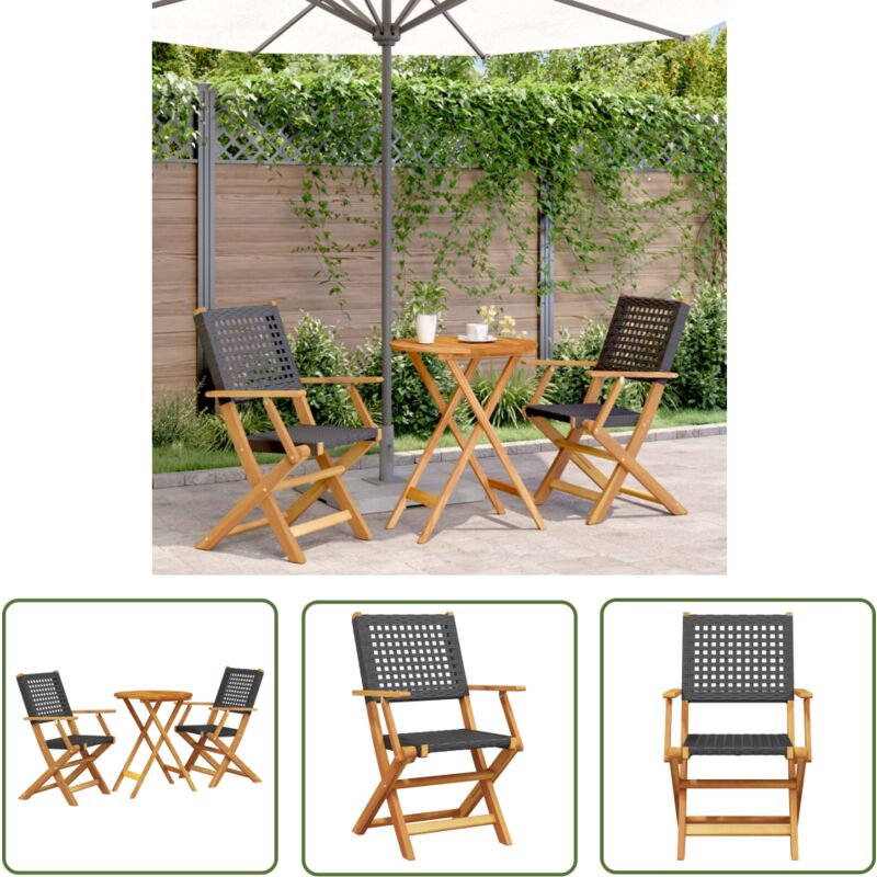 The Living Store Ensemble de bistro 3 pcs noir résine tressée et bois massif - Meubles De Jardin - Salon De Jardin - Set De Bistro - Mobilier