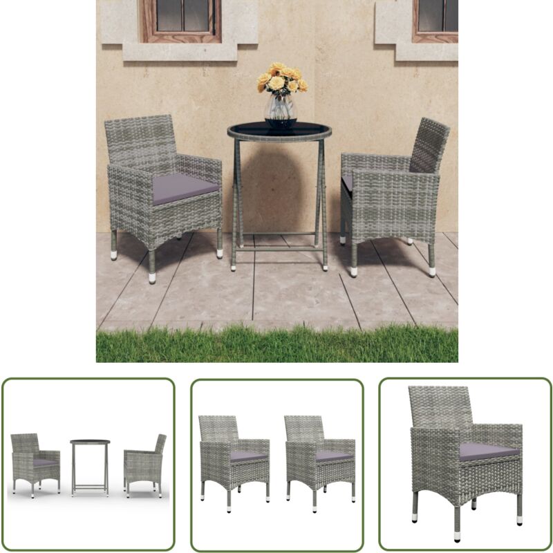 The Living Store - Ensemble de bistro 3 pcs Résine tressée et verre trempé Gris - Ensemble De Bistro - Salon De Jardin - Mobilier De Jardin - Table