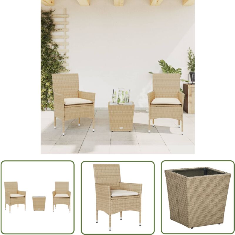 The Living Store - Ensemble de bistro avec coussins 3 pcs beige rotin et verre - Meubles De Jardin - Salon De Jardin - Set De Bistro - Mobilier