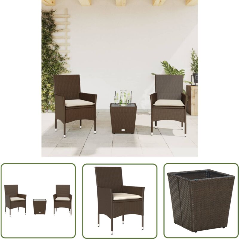 Ensemble de bistro avec coussins 3 pcs marron rotin et verre - Meubles De Jardin - Salon De Jardin - Set De Bistro - Mobilier D'extérieur - Résine