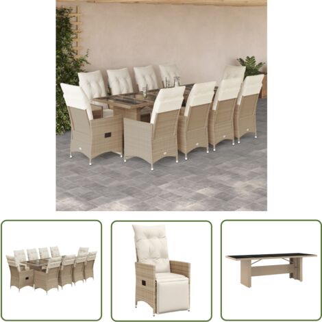 The Living Store Ensemble de bistro de jardin 11 pcs coussins beige poly rotin - Salon De Jardin - Set De Salon De Jardin - Mobilier De Jardin - Fauteuil Inclinable - Chaises Pliantes