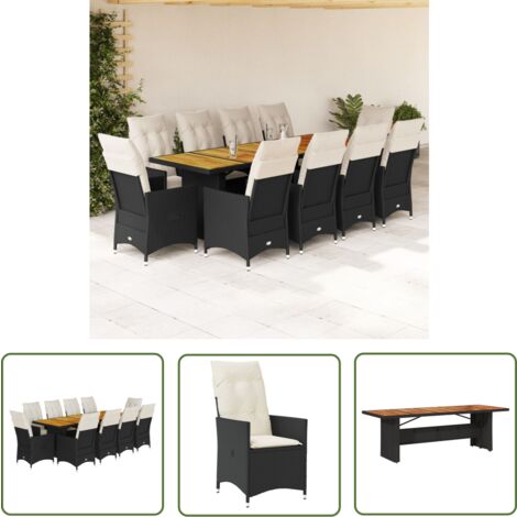 The Living Store Ensemble de bistro de jardin 11 pcs coussins noir poly rotin - Salon De Jardin - Set De Salon De Jardin - Fauteuil Inclinable - Résine Tressée - Poly Rotin