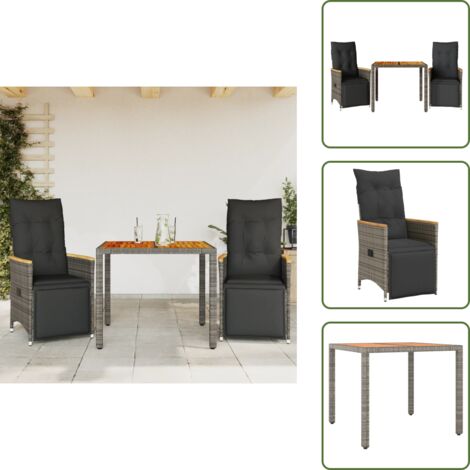 The Living Store Ensemble de bistro de jardin 3 pcs coussins gris poly rotin - Salon De Jardin - Set De Salon De Jardin - Fauteuil Inclinable - Meuble De Jardin - Mobilier De Jardin
