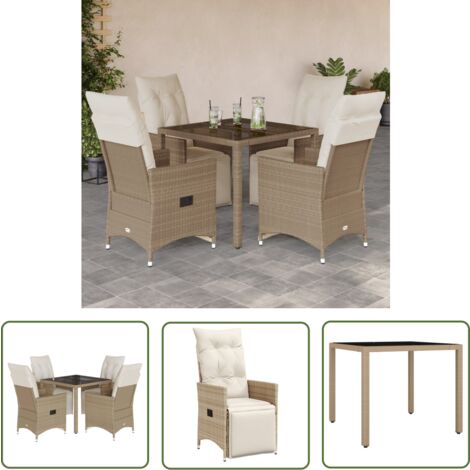 The Living Store Ensemble de bistro de jardin 5 pcs coussins beige poly rotin - Salon De Jardin - Meuble De Jardin - Set De Salon De Jardin - Fauteuil Inclinable - Résine Tressée