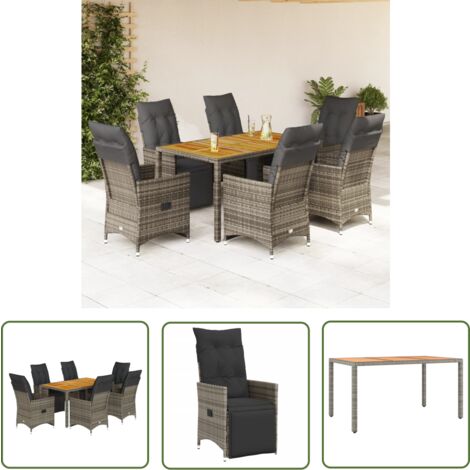 The Living Store Ensemble de bistro de jardin 7 pcs coussins gris poly rotin - Salon De Jardin - Set De Salon De Jardin - Fauteuil Pliable - Mobilier De Jardin - Chaises Pliantes