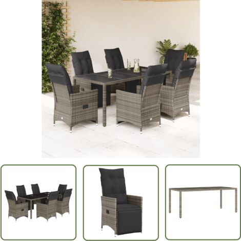 The Living Store Ensemble de bistro de jardin 7 pcs coussins gris poly rotin - Salon De Jardin - Set De Salon De Jardin - Mobilier De Jardin - Fauteuil Pliable - Chaises Pliantes
