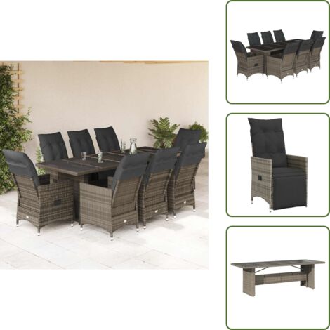 The Living Store Ensemble de bistro de jardin 9 pcs coussins gris poly rotin - Salon De Jardin - Set De Salon De Jardin - Mobilier De Jardin - Fauteuil Inclinable - Table Basse