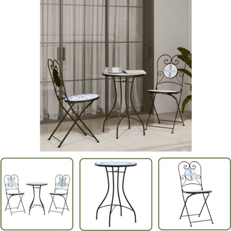 The Living Store Ensemble de bistro mosaïque bleu et blanc fer et céramique - Ensemble De Bistro - Mobilier De Jardin - Salon De Jardin - Table Et Chaises - Mosaïque
