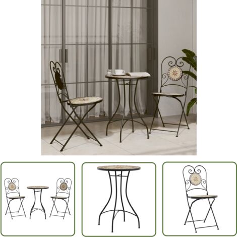 The Living Store Ensemble de bistro mosaïque terre cuite blanc fer et céramique - Ensemble De Bistro - Mobilier De Jardin - Salon De Jardin - Table Et Chaises - Terrasse