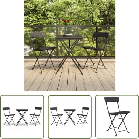 The Living Store Ensemble de bistro pliable 3 pcs Noir Résine tressée - Meubles De Jardin - Salon De Jardin - Set De Bistro - Table Pliante - Chaise Pliante