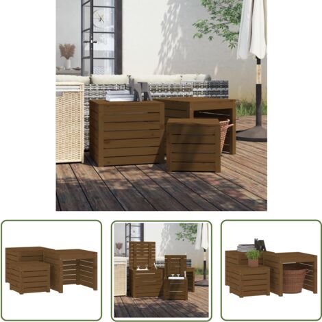 The Living Store Ensemble de boîtes de jardin 3 pcs marron miel bois pin massif - Coffre De Jardin - Meuble De Jardin - Rangement Exterieur - Coffre De Rangement - Bois De Pin