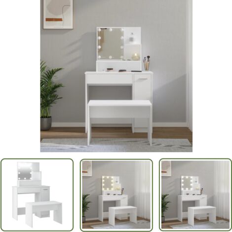 The Living Store Ensemble de coiffeuse avec LED Blanc Bois d'ingénierie - Meuble De Salle De Bain - Coiffeuse Blanche - Vanity Table - Meuble Rangements - Éclairage Led