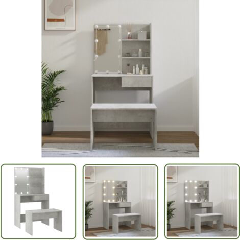 The Living Store Ensemble de coiffeuse avec LED Gris béton Bois d'ingénierie - Table De Maquillage - Coiffeuse Avec Miroir - Meuble De Salle De Bain - Éclairage Led - Rangements