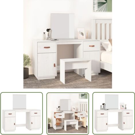 The Living Store Ensemble de coiffeuse avec miroir Blanc Bois de pin solide - Meuble De Salle De Bain - Coiffeuse Blanche - Commode Avec Miroir - Vanity Table - Dressing Table