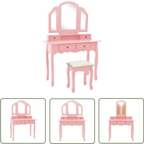 The Living Store Ensemble de coiffeuse et tabouret Rose 100x40x146 cm Paulownia - Table De Maquillage - Coiffeuse - Meuble De Salle De Bain - Mobilier Féminin - Miroir
