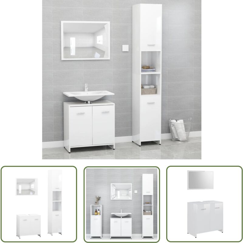 The Living Store - Ensemble de meubles de bain 3pcs Blanc brillant Bois ingénierie - Meuble De Salle De Bain - Ensemble Meuble Salle De Bain - Miroir