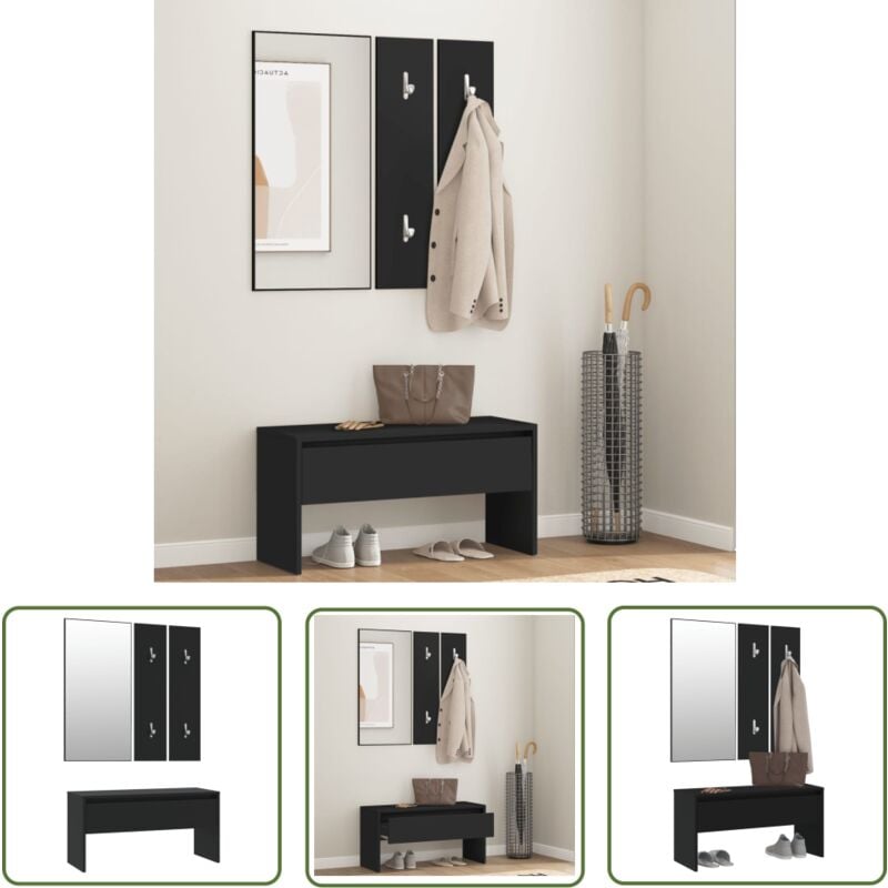 The Living Store - Ensemble de meubles de couloir noir bois d'ingénierie - Banc Entrée - Meuble Couloir - Banc Coffre - Rangement Intérieur - Miroir