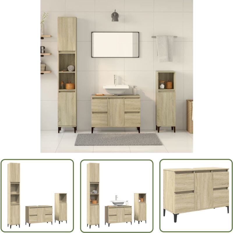 The Living Store - Ensemble de meubles de salle de bain 3 pcs chêne sonoma - Meuble De Salle De Bain - Ensemble De Meubles - Armoire De Salle De Bain