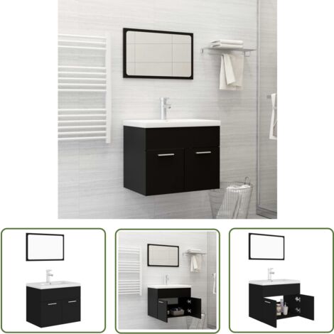 The Living Store Ensemble de meubles de salle de bain Noir Aggloméré - Meuble De Salle De Bain - Ensemble Salle De Bain - Armoire Salle De Bain - Lavabo Suspendu - Miroir Salle De Bain