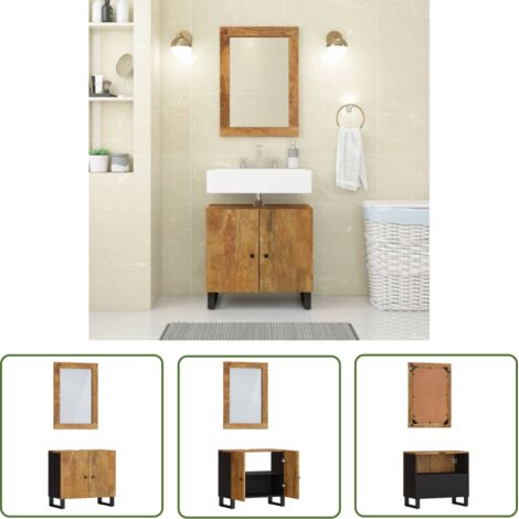 The Living Store Ensemble de meubles salle de bain 2 pcs bois de manguier massif - Ensemble De Meubles Salle De Bain - Armoire Salle De Bain - Meuble Vasque - Miroir Salle De Bain - Rangement Salle De