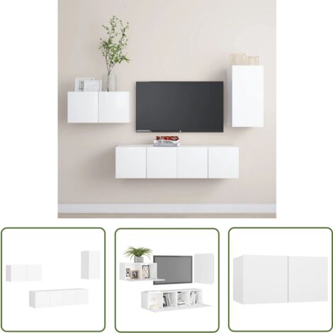The Living Store Ensemble de meubles TV 4 pcs Blanc Bois d'ingénierie - Meuble Tv Suspendu - Meuble Tv Blanc - Ensemble Meuble Tv - Armoire Hifi - Rangement Mural