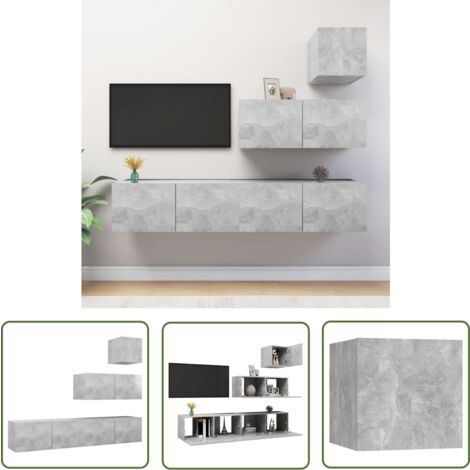 The Living Store Ensemble de meubles TV 4 pcs Gris béton Bois d'ingénierie - Meuble Tv Suspendu - Meuble Tv Gris - Meuble Tv Industriel - Rangement Salon - Étagère Murale
