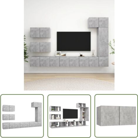 The Living Store Ensemble de meubles TV 8 pcs Gris béton Bois d'ingénierie - Meuble Tv Suspendu - Meuble Tv Gris - Meuble Tv Industriel - Rangement Salon - Étagère Murale