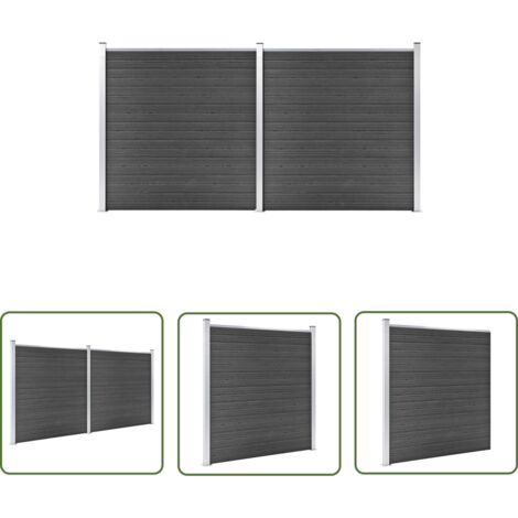 The Living Store Ensemble de panneau de clôture WPC 353x186 cm Noir - Clôture Jardin - Clôture Résidentielle - Clôture Composite - Clôture WPC - Barrière Jardin