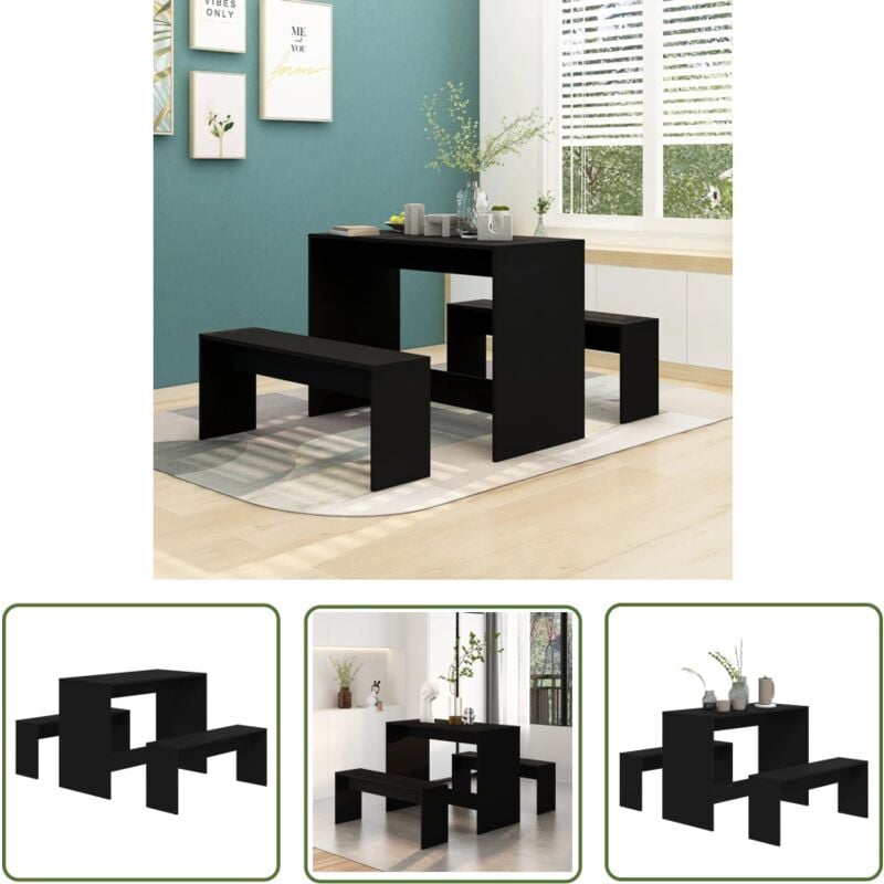 The Living Store - Ensemble à manger 3 pcs Noir Bois d'ingénierie - Ensemble De Salle à Manger - Table Et Chaises - Mobilier Contemporain - Meuble