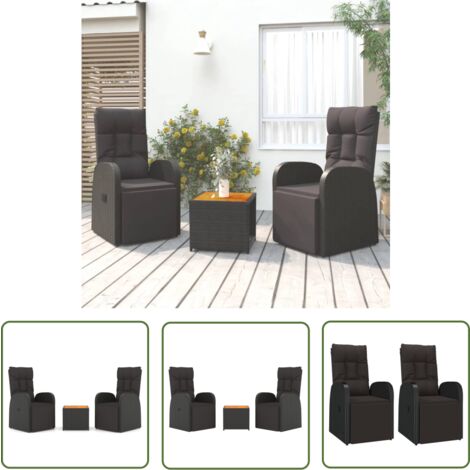 The Living Store Ensemble de salon de jardin 3 pcs noir poly rotin et acacia - Salon De Jardin - Meuble De Jardin - Mobilier De Jardin - Set De Salon - Chaise Inclinable