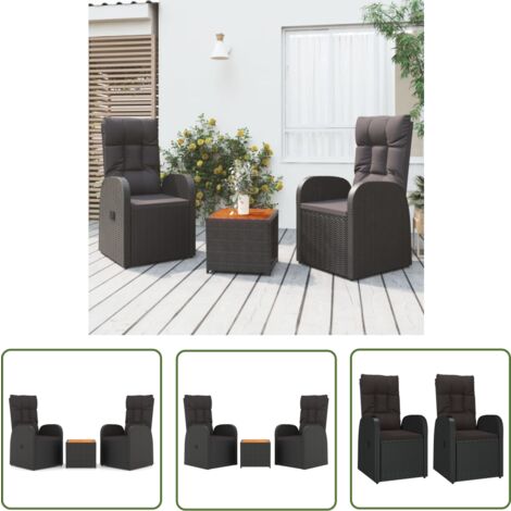 The Living Store Ensemble de salon de jardin 3 pcs noir poly rotin et acacia - Salon De Jardin - Meuble De Jardin - Mobilier Extérieur - Set De Salon De Jardin - Chaise Inclinable