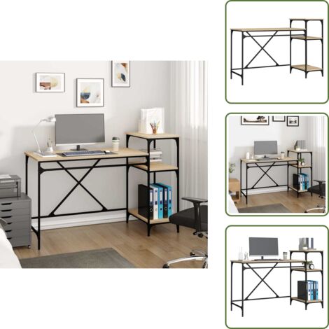 The Living Store Escritorio con estantes madera contrachapada roble 135x50x90 cm - Madera contrachapada