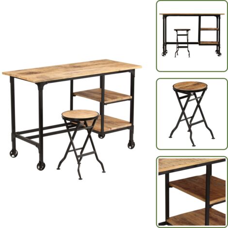 The Living Store Escritorio y taburete plegable madera maciza mango 115x50x76 cm - Taburete plegable