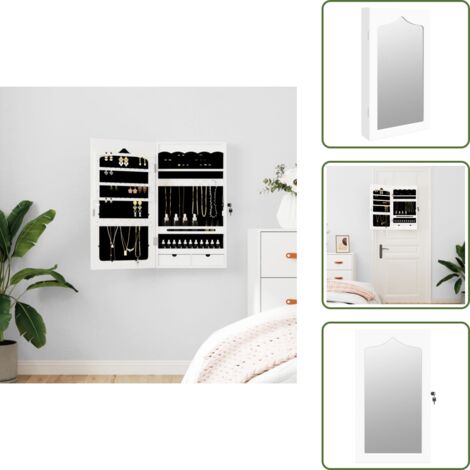 The Living Store Espejo con joyero de pared blanco 37,5x10x67 cm - Joyero de pared