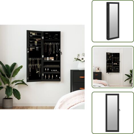 The Living Store Espejo con joyero de pared negro 37,5x10x106 cm - Joyero de pared