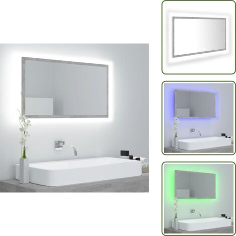 The Living Store Espejo de baño acrílico gris hormigón 80x8,5x37 cm - Espejo LED