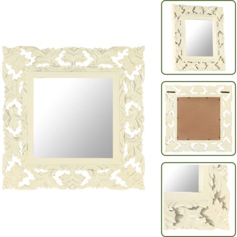The Living Store Espejo tallado a mano madera maciza de mango blanco 50x50 cm - Espejo de mango