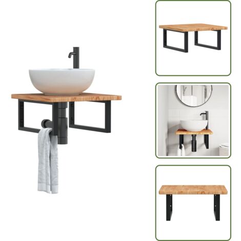 The Living Store Estante de lavabo de pared de acero y madera maciza de roble - Estante de lavabo